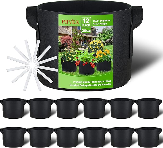 12-Pack 20 Gallon Grow Bags, Heavy Duty Fabric Pots with Handles, Reusable Plant Bags for Vegetable, Herbs & Flowers, BPA-Free, Breathable, Durable