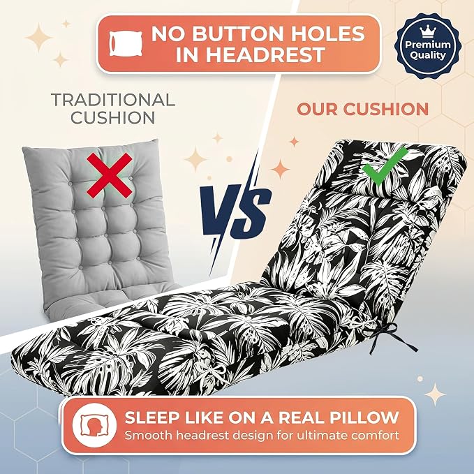 MAGIC ELEPHANT Chaise Lounge Cushion Outdoor, Memory Foam Patio Lounge Chair Cushion with Ties for Indoor Outdoor Furniture, Water-Repellent Replacement Long Chair Cushion (Black Monstera)