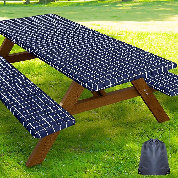 Smiry Picnic Table Cover with Bench Covers, Waterproof Elastic Fitted Tablecloth for 5 Foot Tables, Washable Polyester Tablecloths for Camping, Indoor & Outdoor (Navy & White, 30x60 Inch 3-pc Set)