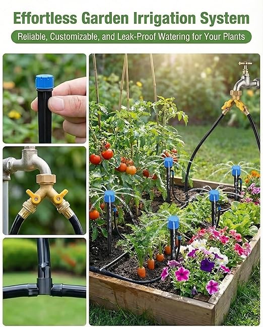 50ft Drip Irrigation Kit Plant Watering System 8x5mm Blank Distribution Tubing DIY Automatic Irrigation Equipment Set for Garden Greenhouse Flower Bed Patio Lawn