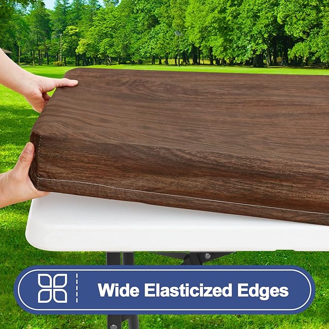 Smiry Picnic Table Cover with Bench Covers, Waterproof Elastic Fitted Tablecloth for 5 Foot Tables, Washable Polyester Tablecloths for Camping, Indoor & Outdoor (Brown, 30x60 Inch 3-pc Set)