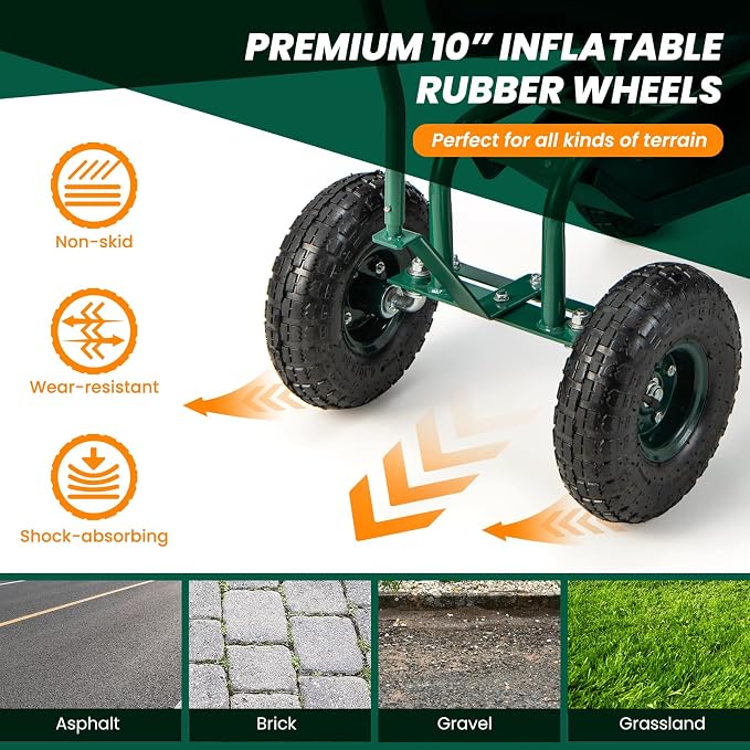 Rolling Garden Seat with Wheels, Garden Cart with 360° Swivel Seat for Planting, Garden Stool Scooter with Replaceable Handle & Removable Cushion, Height Adjustable Outdoor Gardening Workseat