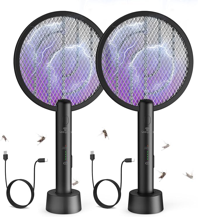 Bug Zapper Racket, 2 Mode Fly Swatter USB Rechargeable, 4000V Electric Fly Zapper with 3 Layer Safety Mesh，Electric Racket for Kitchen, Home, Garden and Outdoors(2 Pack