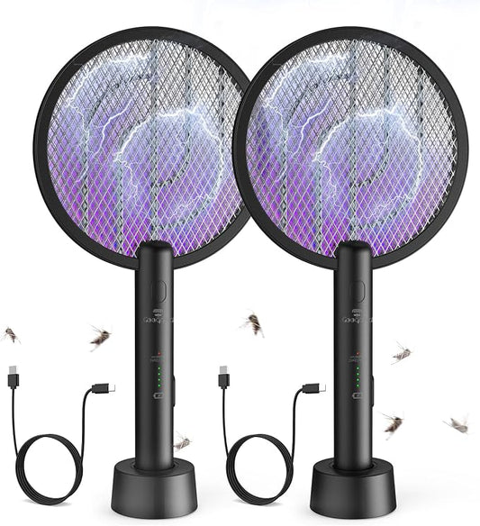 Bug Zapper Racket, 2 Mode Fly Swatter USB Rechargeable, 4000V Electric Fly Zapper with 3 Layer Safety Mesh，Electric Racket for Kitchen, Home, Garden and Outdoors(2 Pack