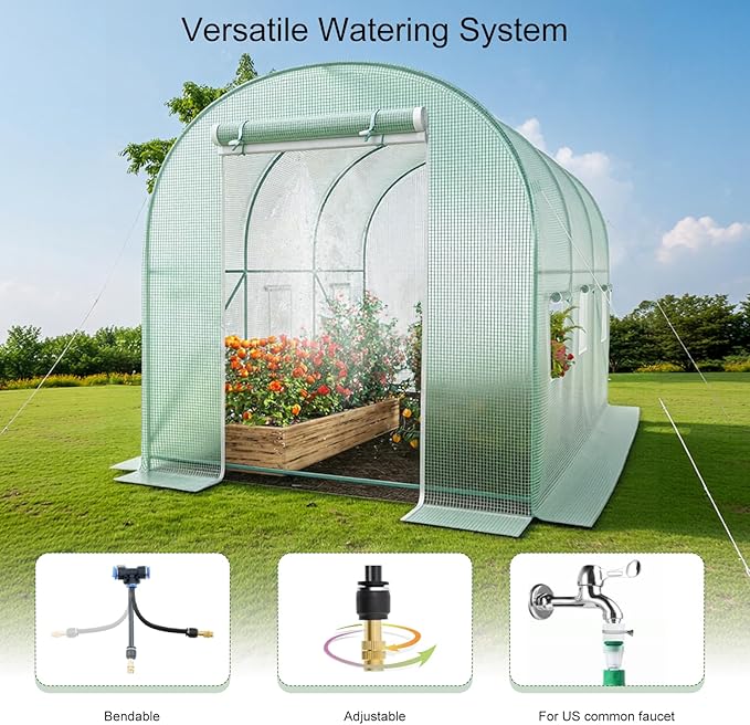 10x7x7 Walk-in Greenhouse with Watering System, Heavy Duty Green House for Outdoors, Portable Green Houses for Outside, Winter Hot House with Metal Frame & Roll-up Zipper Door Screen Windows
