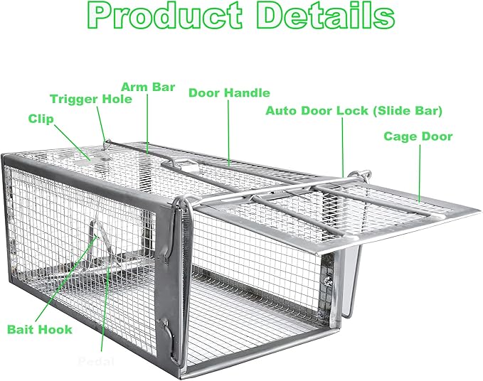 Humane Rat Traps, No Kill Small Animal Cage Trap, Live Mouse Trap Cage Catch and Release, Trampa para Ratones, Chipmunk Rodent Trap that Work for Indoor and Outdoor - 12.3" L x 6.5" W x 5.3" H