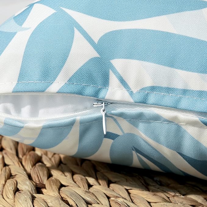 MIULEE Pack of 2 Decorative Outdoor Waterproof Throw Pillow Covers Patio Pillow Cases Natural Leaves Pattern Spring Square Cushion Shams Shell for Garden Balcony Couch 20x20 Inch, Light Blue