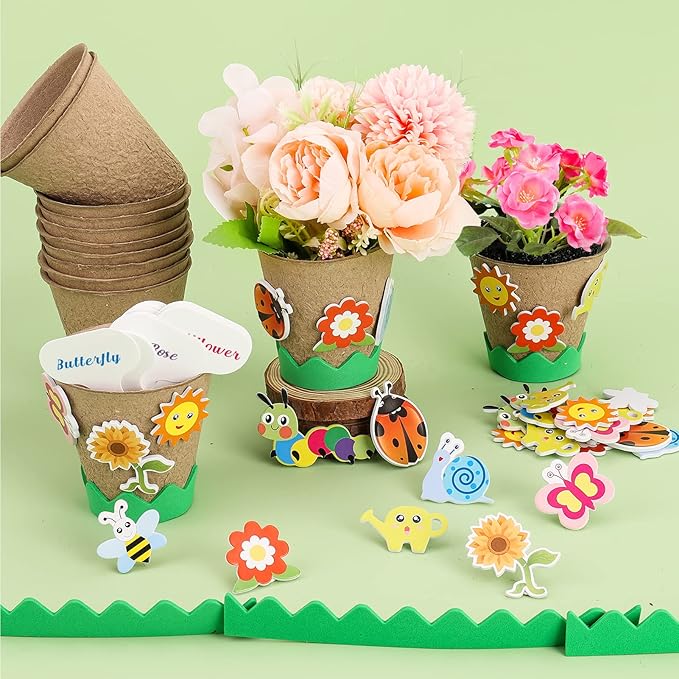 Ayfjovs Garden Paper Pot Craft Kit, 30 Pack Flower Growing Kit for Kids with 120 PCS Adhesive Foam Stickers and 30 PCS Plastic Plant Labels for Kids Science, Classroom Decoration, Mother's Day