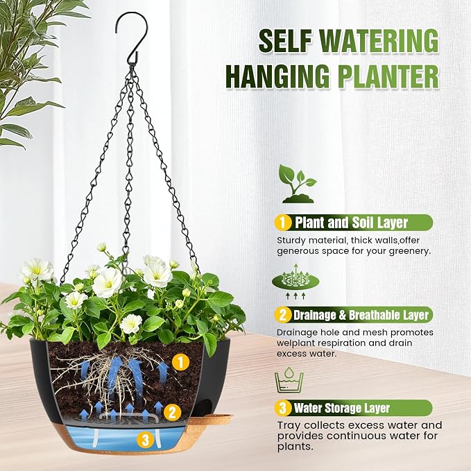10 Inch Self Watering Hanging Planters, 3 Pack Plastic Plant Pots | Sturdy lightweight pot with side watering lip, drainage holes, snap-on detachable tray & hanging chain for easy care
