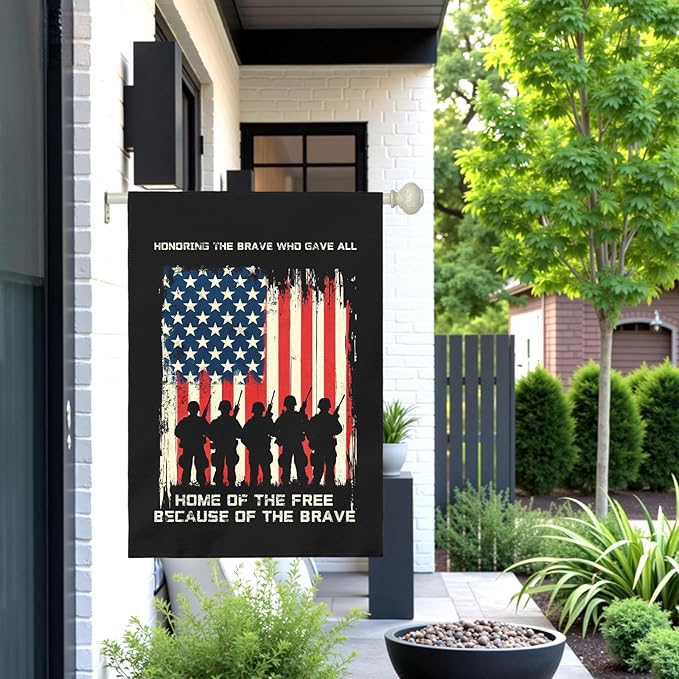 Memorial Day Patriotic House Flag Honoring Fallen Soldiers Home Of The Free Because Of The Brave Outdoor Yard USA Flags Honor And Brave Garden Banner Lawn Porch Patriotic Decor 28 x 40 Inch