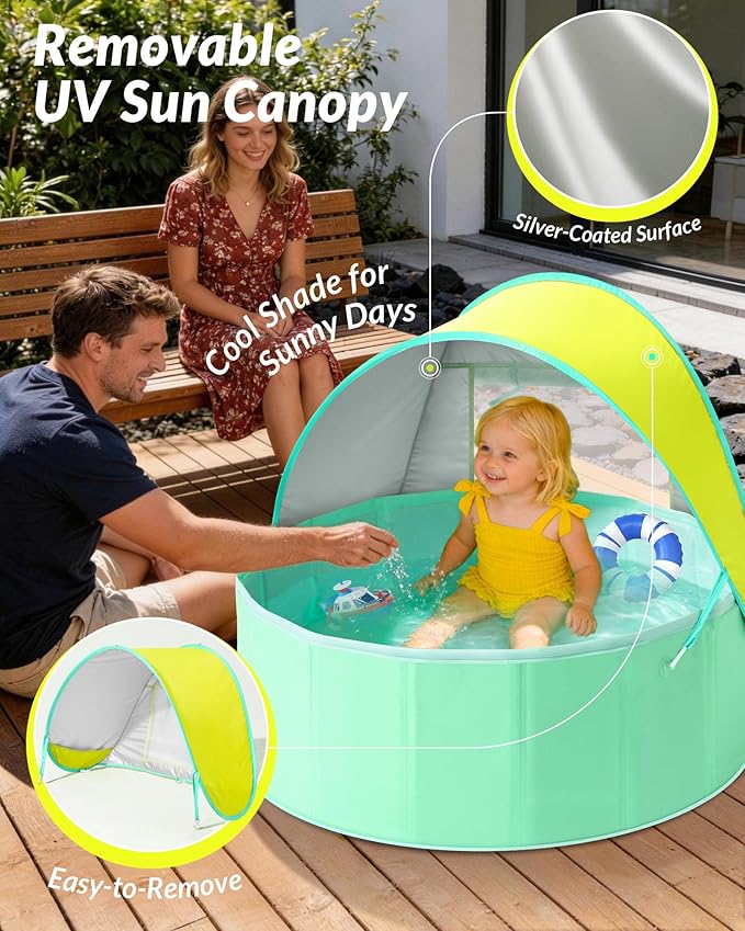 Hikiddy Foldable Kiddie Pool with Canopy: 31.5in/ 47in /63in for Baby Toddler Kids Family - Summer Water Play Pool with Shade - Portable for Outdoor Backyard Beach (Lemon & Mint, 31.5in)