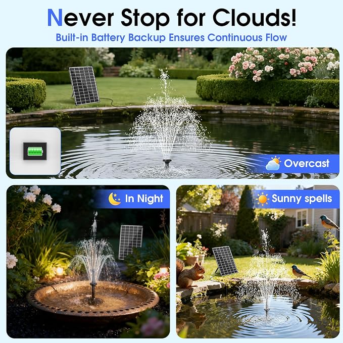 Biling 12W Solar Fountain Pump with 5000 mAh Battery Backup, 80GPH Solar Water Pump with 8 Nozzles, 5ft Tubing for Bird Bath Small Garden Pond Water Features