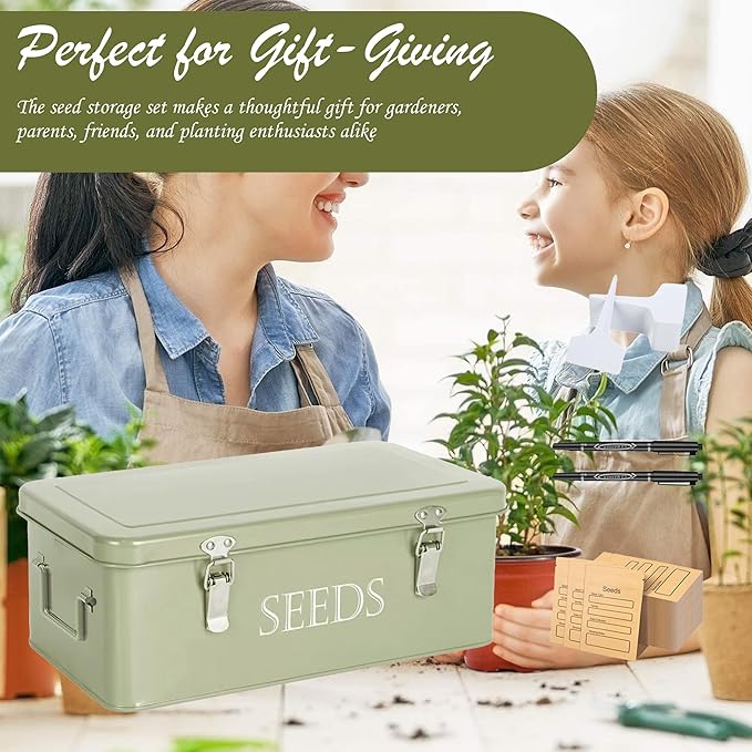 Seed Storage Box, Professional All-in-one Kit with 2 Pens, 20 Plant Labels and 50 Seed Envelopes, Metal Storage Organizer, Saving Box, Seed Packet Container, Large, Green