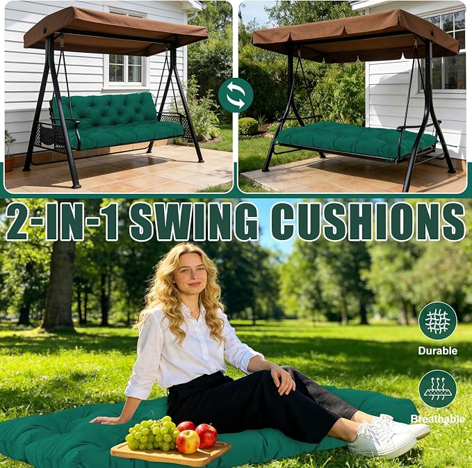Porch Swing Cushions 60 inch Waterproof & Fade Resistant Thicken 5" Outdoor Swing Cushions 3 Seater Replacement with Backrest & Ties Patio Swing Cushions for Outdoor Furniture (Dark Green)