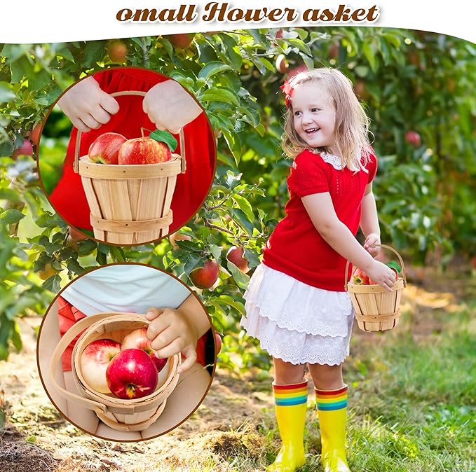 6 Pcs Mini Wooden Apple Baskets 3 x 5.1 Inch Empty Fall Harvest Basket Farmers Market Berry Baskets with Handle for Fruit and Vegetable Picking Wooden Bucket Basket, Wedding Party Decor (10)