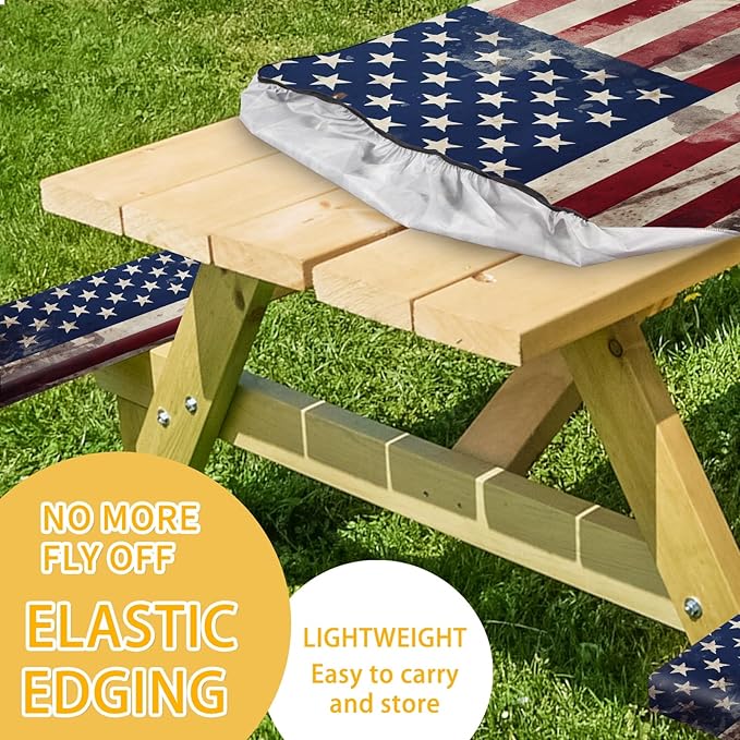 Picnic Table Cover with Bench Covers 6FT 3PCS, Camping Essentials, Fitted Camping Tablecloth Waterproof and oilproof with elastic Edge for Indoor Outdoor Patio, Retro American Flag (72inch)