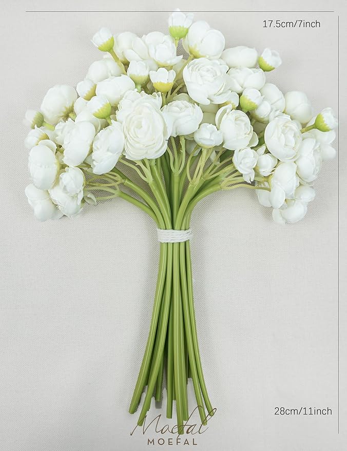 Ranunculus Artificial Flowers 18pcs, Faux Silk Mini Ranunculus Bulk Fake Wedding Filler Flowers for DIY Bouquets Centerpieces Bridal Shower Decorations Arrangements, Ivory White