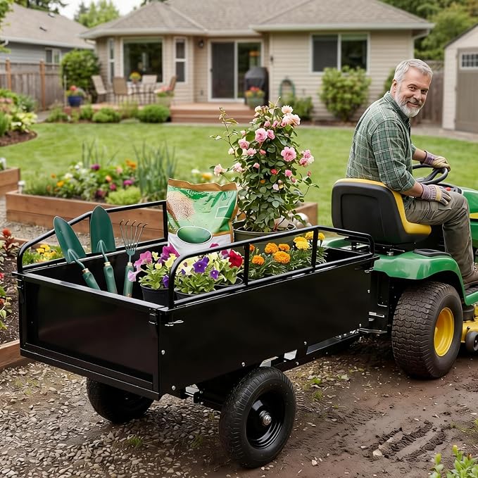 Garvee 750LB Heavy Duty Garden Dump Cart, 15 Cu ft Garden Trailer Steel Garden Cart with Removable Sides, Utility Wagon Tow Behind ATV UTV Lawn Mower Tractor, Foot Pedal Quick Dump
