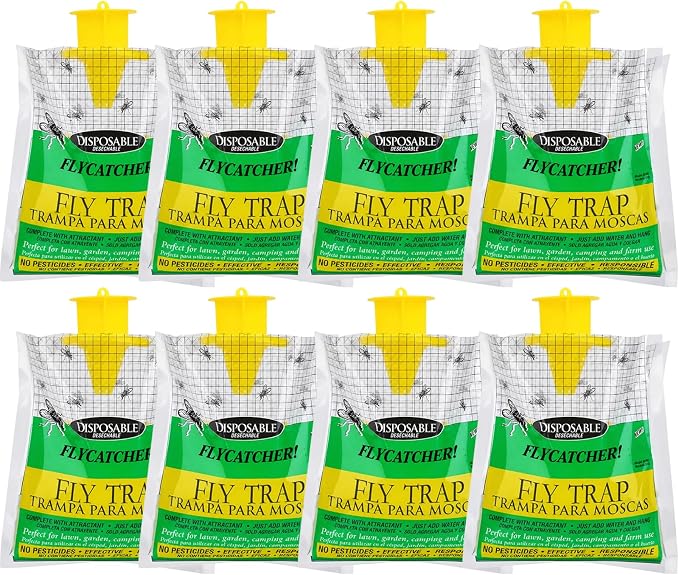 Fly Trap Bags 8 Pack Outdoor Hanging - Disposable Fly Catcher Mess-Free Bug Bags for Yard Garden Farm & Horse Ranch