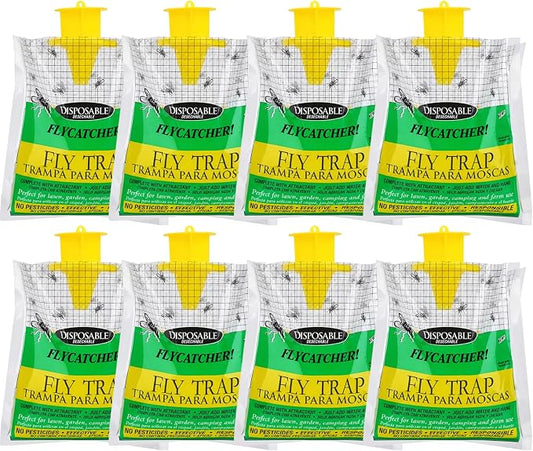 Fly Trap Bags 8 Pack Outdoor Hanging - Disposable Fly Catcher Mess-Free Bug Bags for Yard Garden Farm & Horse Ranch