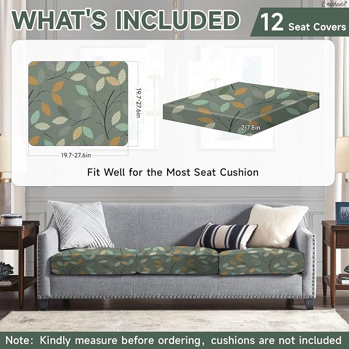 CALBODE 12Pcs Stretch Patio Cushion Cover for Autumn, Couch & Sofa Slipcovers for Patio Furniture Cushions Washable Reusable Couch Covers Replacement Fall Home Decor (Green Leaf Printed, Cover Only)