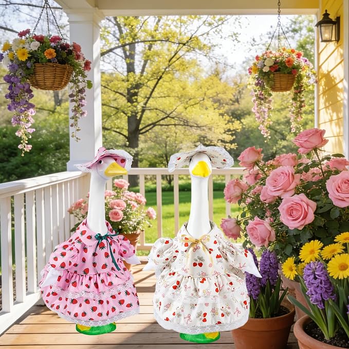 Summer Porch Goose Outfit for 23" Cement Statue Goose,Porch Goose Clothes with Strawberry Skirt and Hat for Spring Outdoor Yard Lawn Patio Decor（pink）