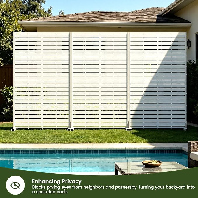 Outdoor Privacy Screen 60" H HDPE Decorative Panel Freestanding Privacy Fence with Stand, Privacy Screens with Louvered 5 Panels, Weather-Resistant Panel Fence for Patio,Balcony,Pool,White