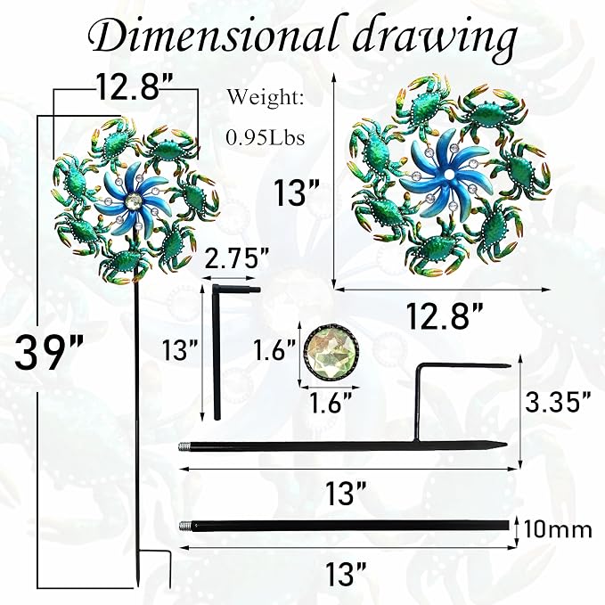 COOZZYHOUR 39" Crab Wind Spinners Metal Windmill Garden Stake,Ocean Theme Outdoor Wind Spinner,Wind Sculptures Yard Art Decorations for Patio,Lawn & Garden Decor