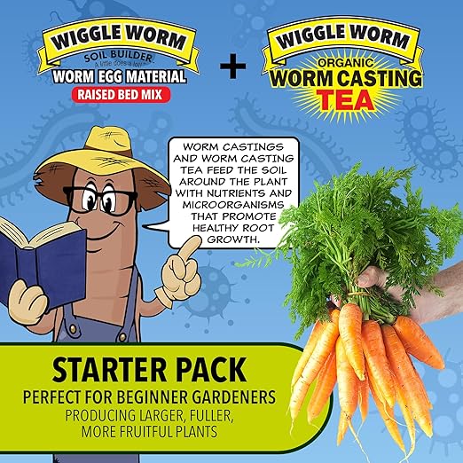 Wiggle Worm Combo Package – 8oz Organic Pure Worm Casting Tea Fertilizer Concentrate and 40lbs Worm Egg Material Raised Bed Mix Plus for Planting and Fertilization of Indoor and Outdoor Plants