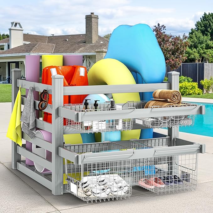 DWVO Pool Storage Bin, 64"x46"x38" Large Waterproof Pool Float Organizer with 6 Movable Hooks, Outdoor Resin Poolside Deck Box for Goggles, Towels & Pool Accessories, Gray
