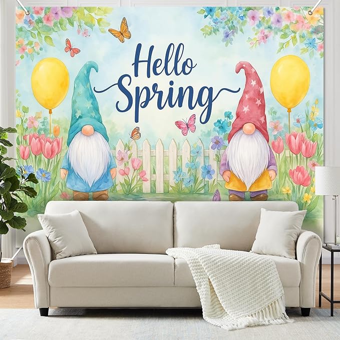 BlissYard Hello Spring Backdrop Cute Gnome Garden Scene Colorful Flowers Butterfly Fence Photo Booth Background Spring Party Home Decoration 8x6ft for Birthday Celebration Classroom Event Display