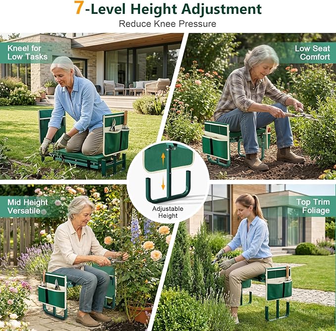 AUROPEAK 2-in-1 Garden Kneeler and Seat, Adjustable Garden Stool with Thickened Pad & Handles, 7-Level Height Adjustment, Foldable 420lbs with 2 Tool Bags for Seniors Gardening Outdoor Use