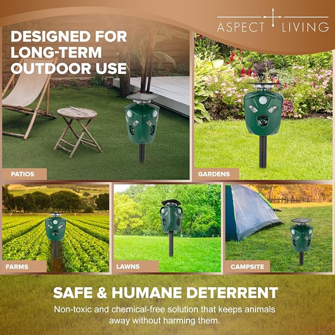 Solar & USB Powered Ultrasonic Animal Repeller, 360° Outdoor Motion-Activated Deterrent with 3 PIR Sensors & Flashing LED Lights, Waterproof Pest Repellent for Yard & Garden