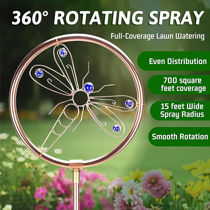34" Tall Copper-Coated Stainless Steel Garden Sprinkler, 360° Rotating Decorative Ornamental Sprinkler for Lawn, Yard & Landscape Watering (Dragonfly)