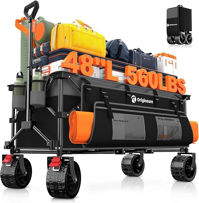 48" L Collapsible Wagon Cart Foldable, 560lbs Weight Capacity 300L Heavy Duty Folding Beach Wagons with Big All-Terrain Wheels, Utility Carts for Groceries, Shopping, Camping, Sports - Grey&Black