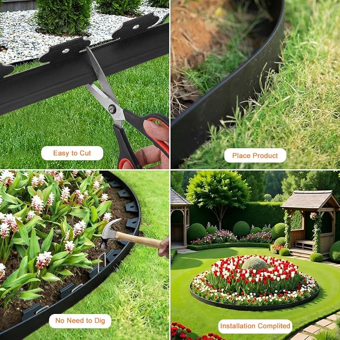 Plastic Garden Edging Border 3IN x 39FT, Landscape Edging Kit with 60pcs Metal Spikes, Tools-Free Flexible Lawn Border for Yard, Flowerbeds, Paving Edging, Pathways