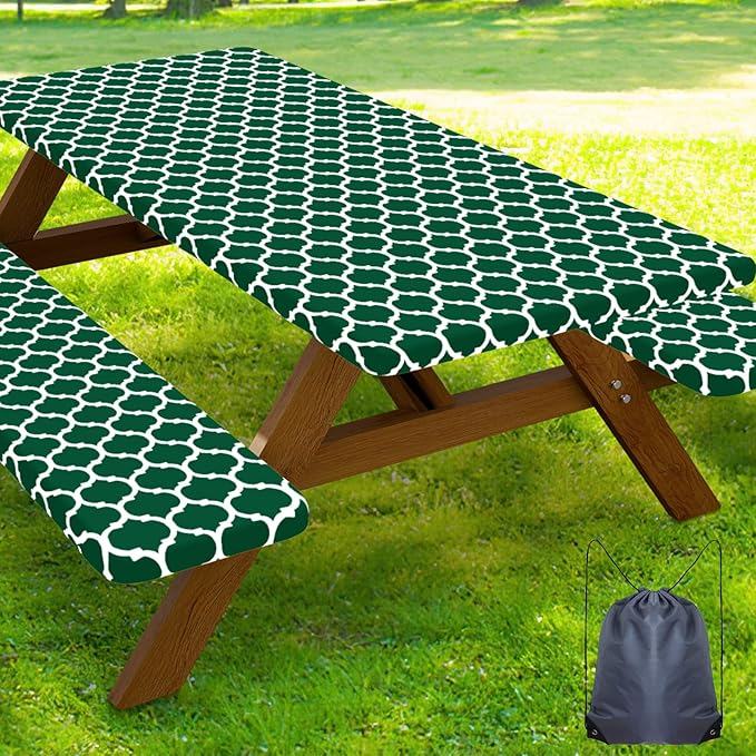 Smiry Picnic Table Cover with Bench Covers, Waterproof Elastic Fitted Tablecloth for 5 Foot Tables, Washable Polyester Tablecloths for Camping, Indoor & Outdoor (Emerald Green, 30x60 Inch 3-pc Set)