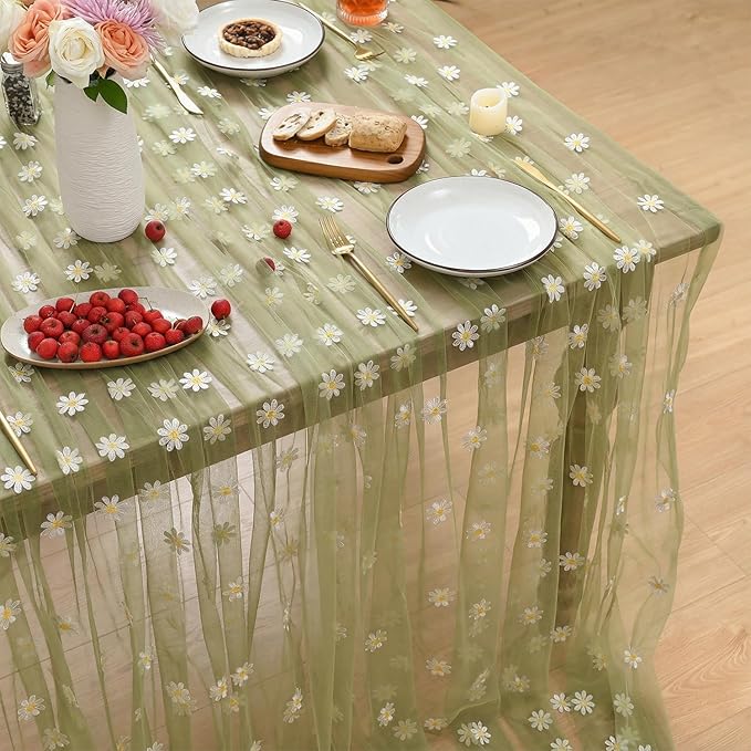 Horaldaily Sage Green Embroidery Daisy Spring Summer Gauze Tablecloth 60×104 Inch Rectangular, Seasonal Tulle Table Cover, Garden Party Decorations for Wedding, Party, Holiday Dining