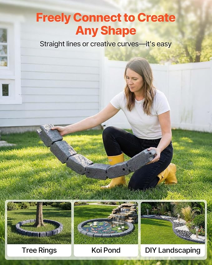 VEVOR Faux Stone Landscape Edging, 46.85" Kit, No Dig Garden Edging Border, Blocks for Lawn, Flower Beds, Yards, 1 Pack Each Section Has 6 Bricks 46.85" L x 3.94" W x 6.1" H, 3 Spikes, Sandstone Gray