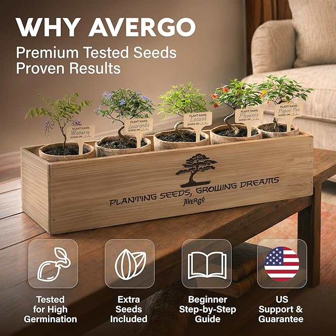 AVERGO Bonsai Tree Kit Deluxe - 5X Unique Japanese Bonzai Trees | Complete Indoor Bonsai Starter Kits from Seeds to Trees – DIY Gardening Gifts for Mother's Day, Women & Men