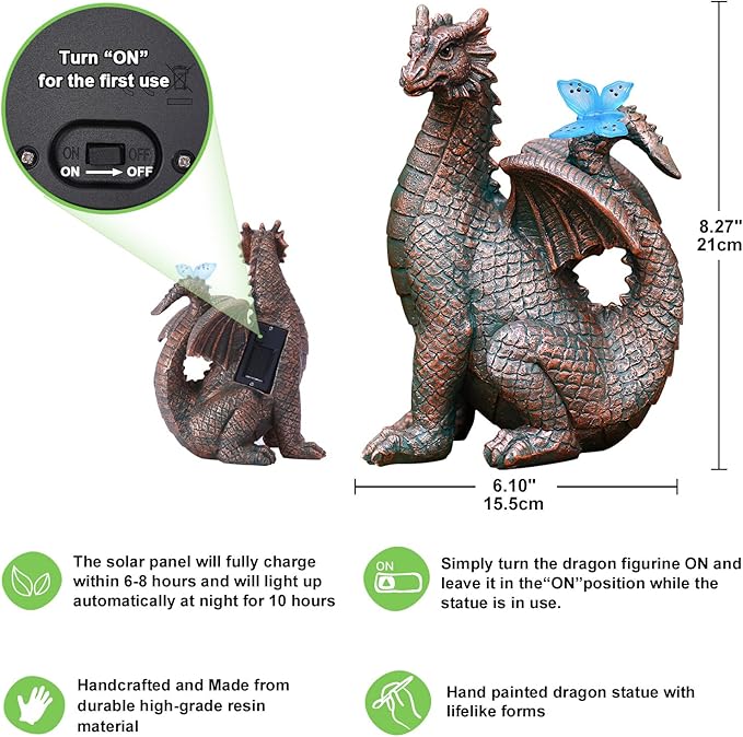 Nacome Solar Dragon Outdoor Statues for Garden: Outside Decor with Butterfly Clearance for Yard Art Lawn Ornaments Porch Patio Balcony Home House for Mom Grandma Women