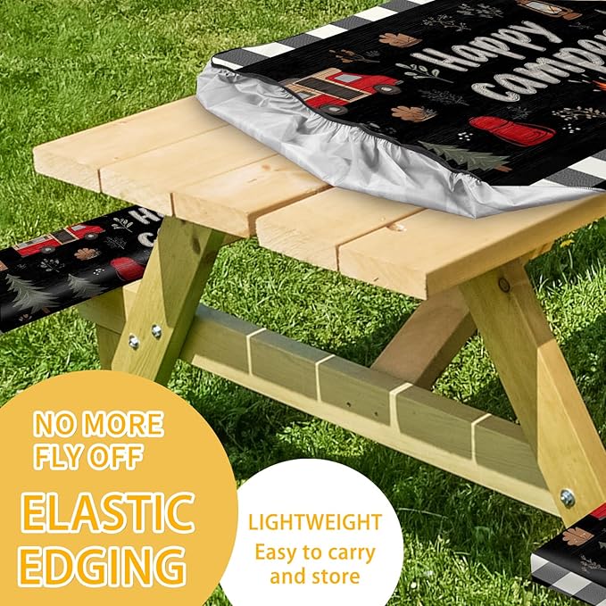 Picnic Table Cover with Bench Covers, Camping Essentials, Fitted Camping Tablecloth with Bag, Waterproof and oilproof with elastic Edge for Indoor Outdoor Patio, 72in (Happy Camper)