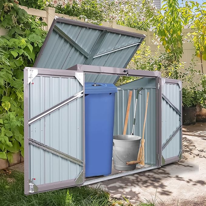 YOPTO 62" Garbage Bin Shed Stores 2 Trash Cans Metal Outdoor Storage,Stainless Galvanized Steel House with Sloped Roof & Lockable Door,Waterproof Cabinet Shelter for Patio,Lawn,Gray