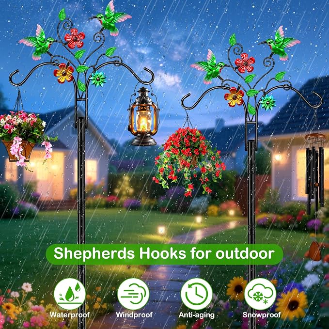 Double Shepherds Hooks for Outdoor, 78 Inch Bird Feeder Pole with 5 Prongs Base, Adjustable Heavy Duty Plant Hangers Hummingbird Art for Outdoor Plants Hummingbird Feeder Hanging Baskets Lantern