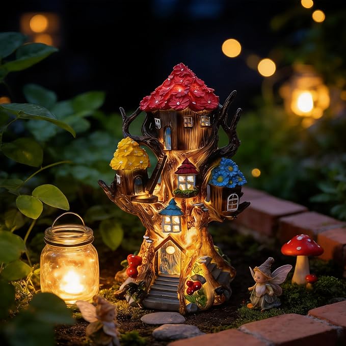Solar Fairy House 11.8” Tall Fairy Garden House for Outside, Large Fairy Garden Treehouse Accessories Outdoor, Gnome House Garden Statue Fairy Tree House, for Home, Yard, Balcony Decor