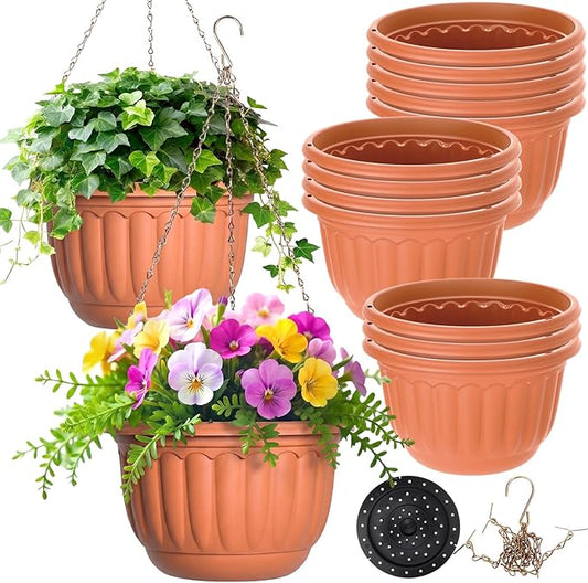 12 Sets Hanging Planters for Indoor and Outdoor Plants Self Watering Hanging Basket Flower Pots Plastic Plant Pots with Drainage Hole and Absorbing Tray(Terracotta,10 Inch)