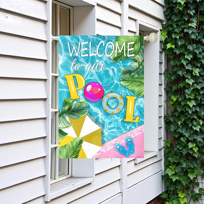 Welcome to Our Pool Garden Flag Vertical Double Sided Summer Swimming Pool Yard Flag Palm Leaf Parasol House Flags 28 x 40 Inch Holiday Party Seasonal Farmhouse Banner Outdoor Decor