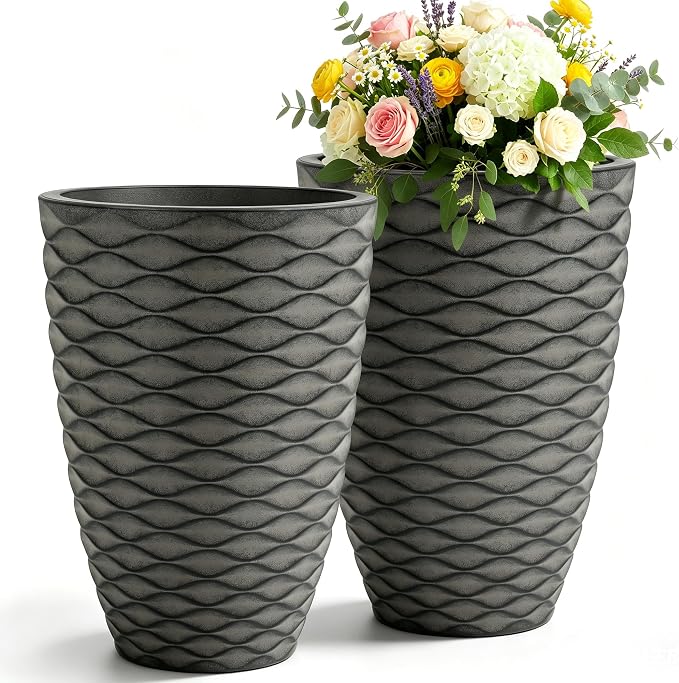 19" H Coastal Planter for Indoor/Outdoor Plants, Set of 2 Large Flower Pot with Drainage Hole, Weather-Resistant Resin Planters for Garden Patio Porch Home Office Decor, Rustic Black Wavy