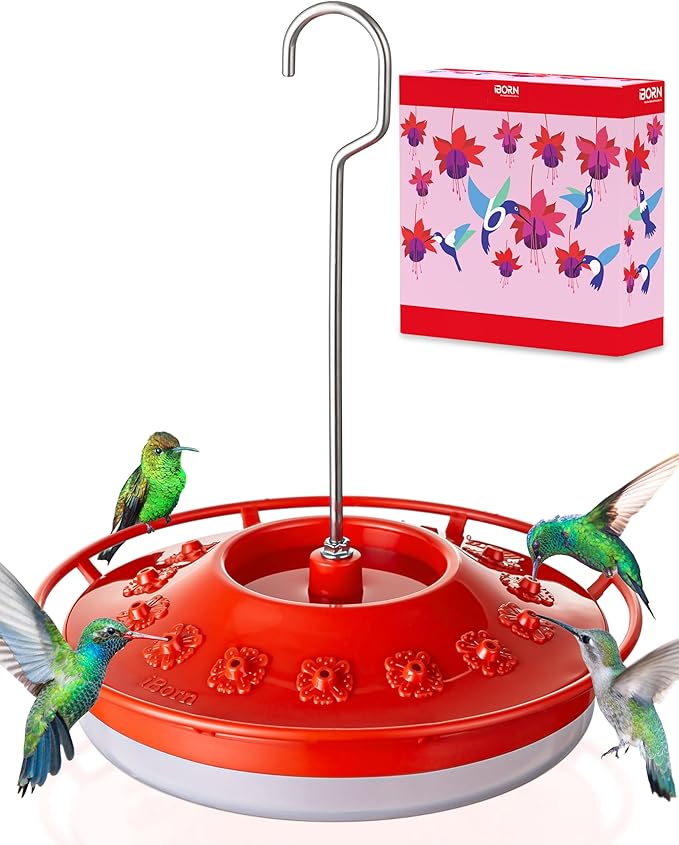 iBorn Hummingbird Feeders for Outdoors Hanging,Bee Proof Hummingbird Feeder with 14 Feeding Ports,13 OZ Saucer Humming Bird Feeders with Ant Moat,Ant Proof No Leak,Easy to Clean and Refill,Red,1 Pack