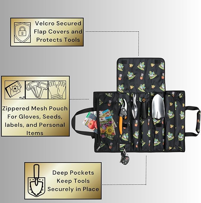 Garden Tool Bag, Roll-Up Garden Tool Holder with Deep Pockets | 900D Polyester Heavy Duty Gardening Tote | Compact Washable Organizer for Tools, Seeds, and Essentials (Tools Not Included)